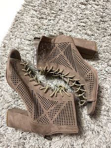 Lace Up Beige Block Heels