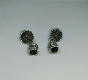 SILVER OXIDIZED NECKLACE CHAIN SET WITH JHUMKI.