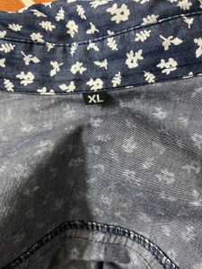 Faded Denim Cotton Shirt With Flowers Prints
