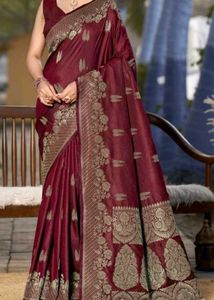 New Maroon Banarasi Saree& Blouse Pc