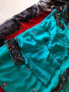 Sky Blue Heavy Net Work Saree With Blouse