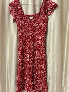 Red Floral Print Smocked Dress