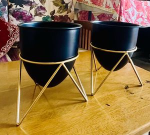 SET OF TWO Black Metal Planter With Gold Stand