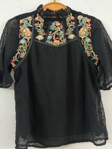 Black Floral Embroidered Sheer Top