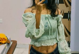 Off-the-shoulder Mint Top, Ruffle Sleevee