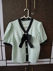 Mint Green Polka Dot Puff Sleeve Top