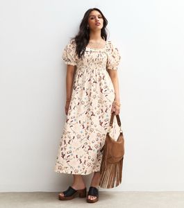 Cream Cowgirl Print Shirred MAXI  Dress