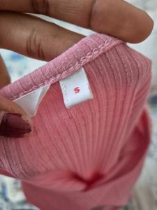 Pink Ribbed Fitted Ruched Sleeve Top
