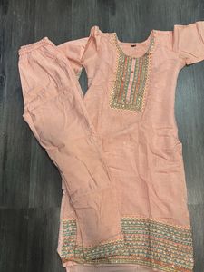 Peach Embroidered Kurti Pant Set