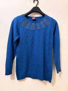 Blue Knit Top with Mesh Detail