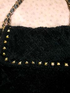 Fuzzy Navy &amp; Gold Studded Shoulder Bag