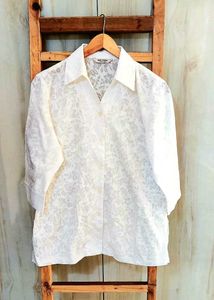 White Self Design Cotton Shirt Size-38