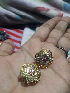 golden studs for women with pink white diamond