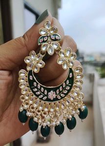 Emerald Green Kundan Chandbali Earrings