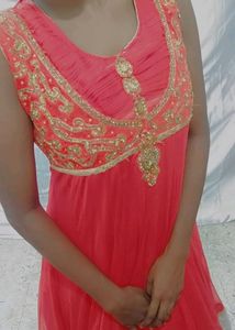 Coral Flared Sleeveless Party Wear