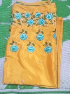 Yellow Colour Embroidery Work Saree