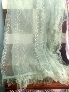 Mint Green Tulle Fabric with Floral Embroidery