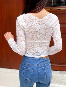 HERE &amp; NOW White Lace Long Sleeve Crop Top Women