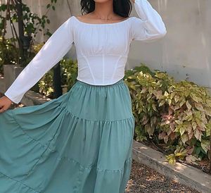 White Corset Top And Green Maxi Skirt