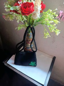 Crochet Black Bag with Green Flower