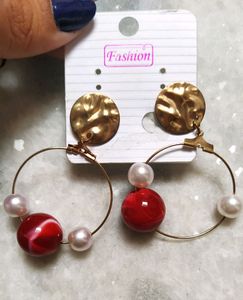 Combo of 2 beautiful Gold-toned small earrings and 1 red earring