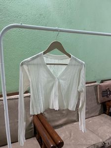 White Ribbed Cropped Cardigan