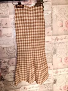 Woolen Brown Checked Midi Skirt