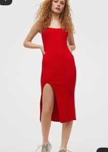 H&M Women’s Red Ribbed Bodycon Dress with Leg Slit