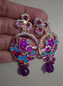 Purple Bird & Flower Dangle Earrings