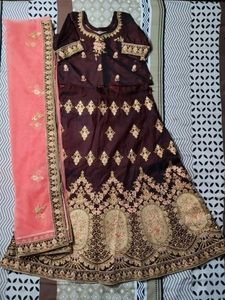 Semi Stitched Maroon Lehenga Set