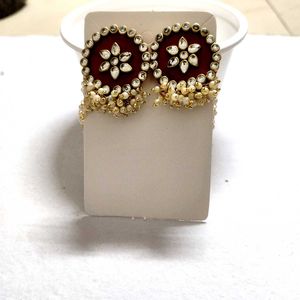 Kundan Earrings With Gold Beaded Chain