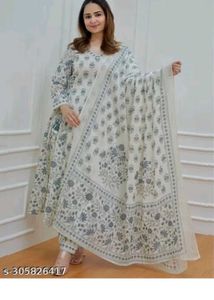 White & Blue Floral Print Kurta Set