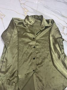 Olive Green Satin Button-Down Shirt