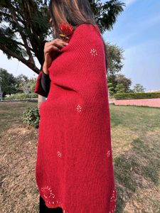 Red Embroidered Knit Shawl