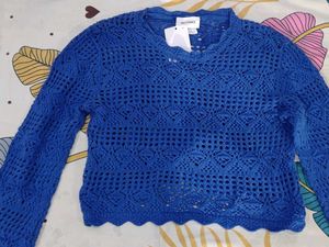Blue Crochet Knit Long Sleeve Top