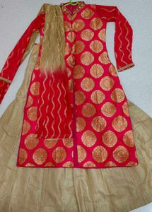 Rani Pink &amp; Gold Sherwani-Style Anarkali Set |