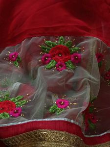 Red Saree with Floral Embroidery
