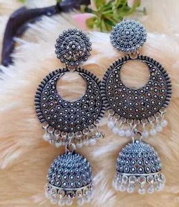 White Oxidised Jhumka Earrings
