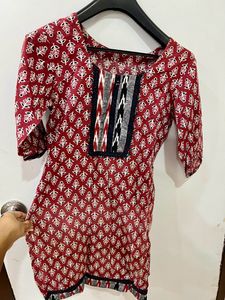 Red Color Cotton Straight 3/4 Sleeve Kurta