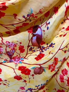 Yellow Floral Bird Print Satin Saree