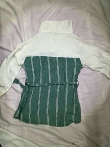 Two-Tone Collared Button-Detail Tunic Top