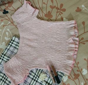 Pink Smocked Off-Shoulder Crop Top with Ruffle