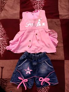 Girls Pink Dress &amp; Denim Shorts Set