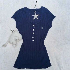 y2k vintage Cute Navy Ribbed Top