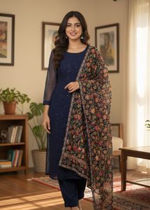 Elegant Navy Blue Kurta with Beautiful duppta Set