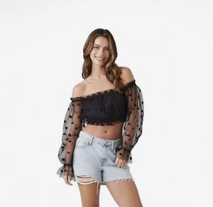 Black Off Shoulder Crop Top With Polka Dots