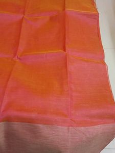 Orange Coral Pink Yellow Shade Lenin Silk Saree