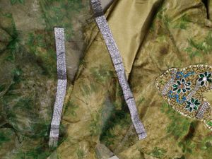 Unused Green And Gold Floral Net Chudidhar