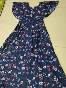 Blue Dress With Pink Flowery Design For Women