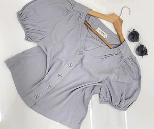 Gray Button-Up Puff Sleeve Top